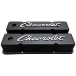 Small Block Chevy Tall Valve Covers - Billet Chevrolet Script, Black Powder Coat. Fixed Price $245.00.