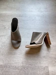 Tibi Bee Mules In Storm Gray Leather Peep Toe Block Heel Sandals Size 38 1/2 US8. Fixed Price $70.00.